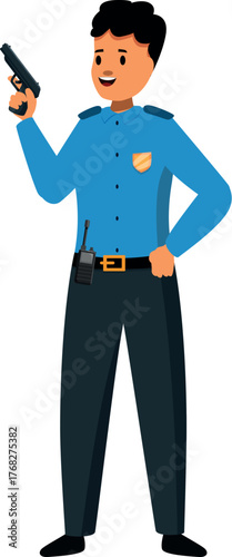Smiling policeman holding a handgun and a radio, ready to protect and serve