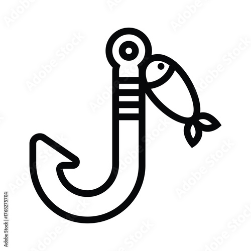 A black outline of a fish caught on a hook The hook is curved