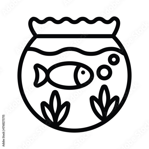 A black outline of a fishbowl A fish swims inside with bubbles and plants