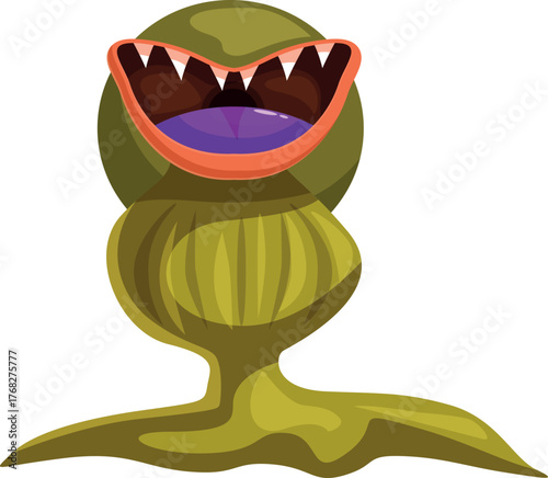 Green carnivorous plant opening its mouth showing sharp teeth and purple tongue, in cartoon style