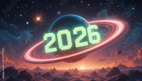 A bright vector illustration of a happy new year celebration card with star decoration, winter snow, and light sign for the 2026 holiday sale