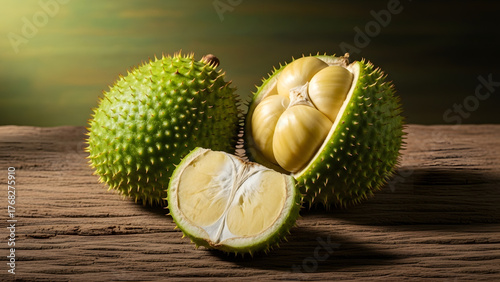 Whole and halved spiky green fruit on a rustic wooden surface, natural lighting
