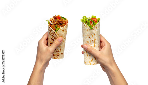 Two hands holding two different wraps with fillings, against a white background, transparent png