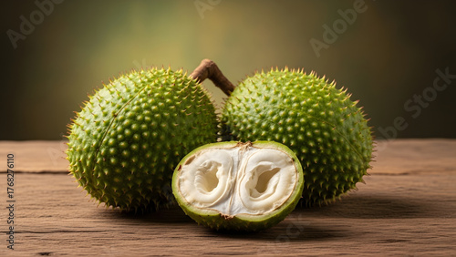 Exotic Gac Fruit A Vibrant Showcase of Nature's Bounty with Detailed Cut Section and Spikes