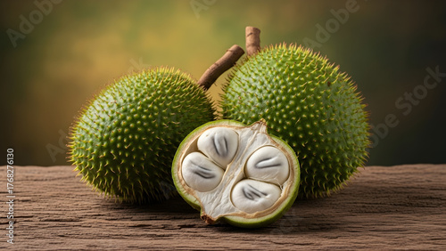Soursop Fruit Still Life Prickly Skin, Soft Flesh on Rustic Wood Surface