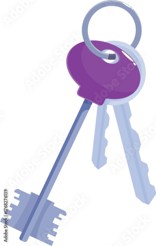 Two metal keys with purple keyring hanging from a ring on white background
