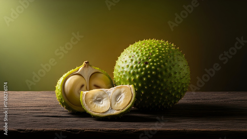 An exotic whole and sliced green jackfruit resting on a rustic wooden table in a dramatic still life composition