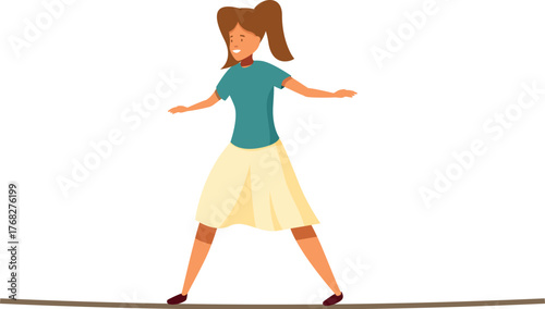 Smiling young woman carefully balancing on tightrope, maintaining balance, demonstrating concentration and skill