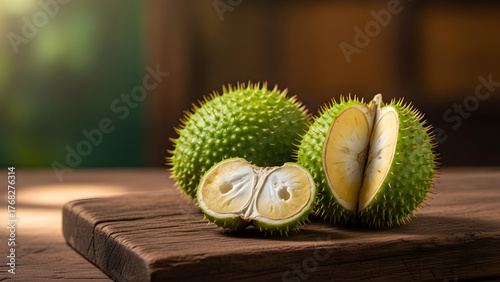 Tropical Jackfruit Fresh Produce Still Life on Rustic Wood