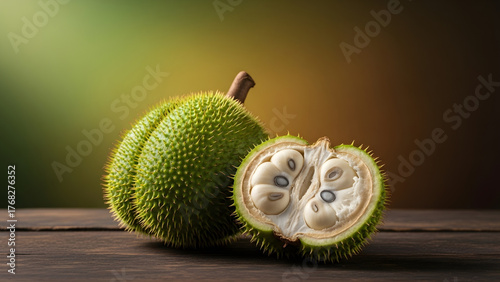 A whole and a half cut jackfruit, showcasing its inner seeds and flesh, on a rustic wooden surface