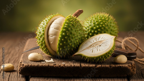 Exotic Durian Fruit Displayed on Wooden Board A Culinary Delight