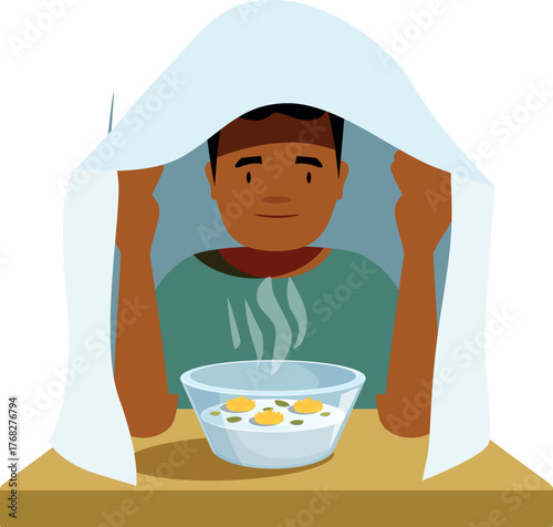Patient using steam inhalation for flu and cold treatment, breathing over hot water with herbs