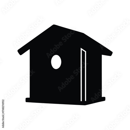 Simple black silhouette birdhouse on white background with round opening and entrance