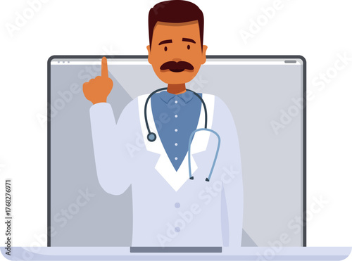 Doctor with stethoscope pointing up appearing from laptop screen during a video call, online medical consultation concept