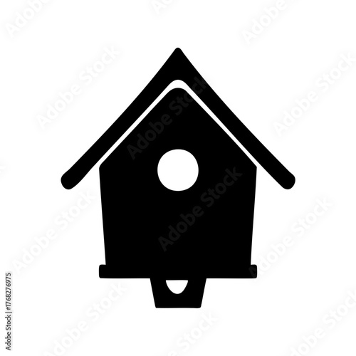 A black and white illustration of a simplistic birdhouse with a round opening