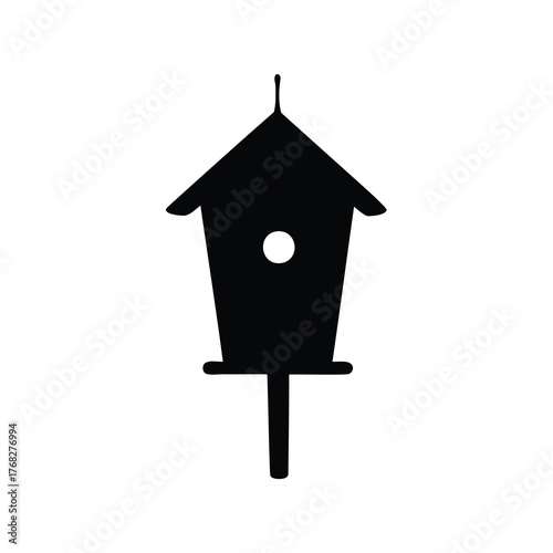 Black and white silhouette illustration of a simple wooden birdhouse on a post