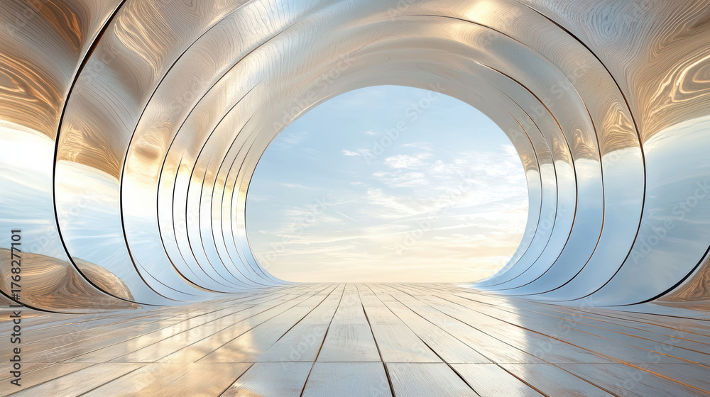 Obraz premium Serene and artistic space featuring curved metallic surfaces reflecting light, creating tranquil
