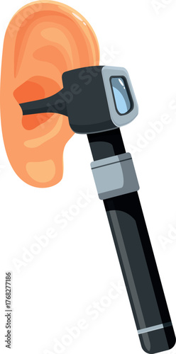 Otoscope being used to examine ear canal, medical instrument for ear checkup, healthcare concept