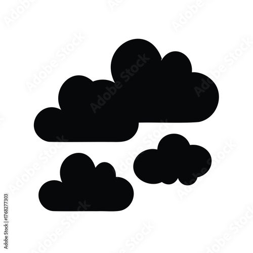 Black and white illustration of fluffy cartoon clouds floating in the sky