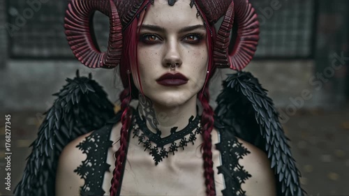 Intense succubus with red horns and dark wings.