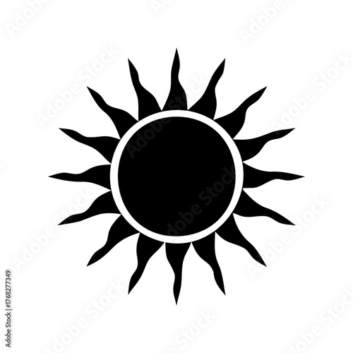 Black and white sun graphic with sharp rays emanating from center disk