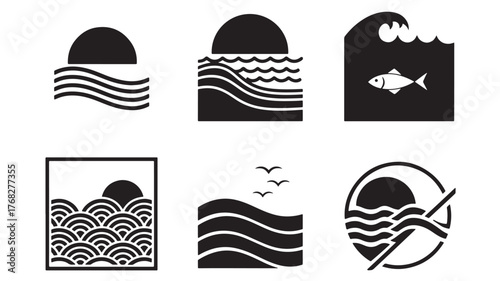 Minimalist ocean wave and marine life icons perfect for design on transparent background silhouette