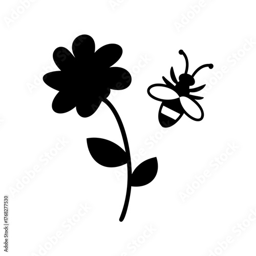 Black Silhouette of Daisy Flower with a Bee Visiting it Nicely
