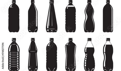 Various plastic bottle shapes in black perfect for design on transparent background silhouette