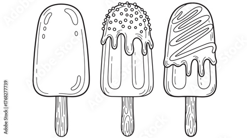 Three sketched ice cream pops on transparent background silhouette