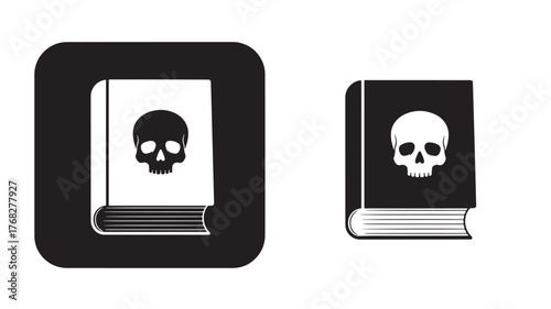 Two spooky books with skull designs black and white on transparent background silhouette