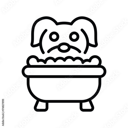 A dog taking a bath in a tub shown as a simple black line drawing