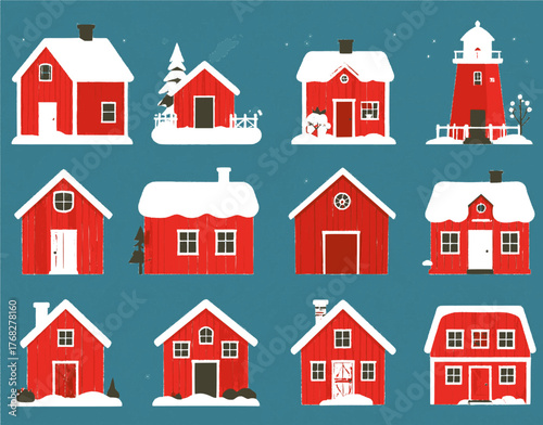 Vector Icon Set of 12 Falun Red Houses in Winter Landscape