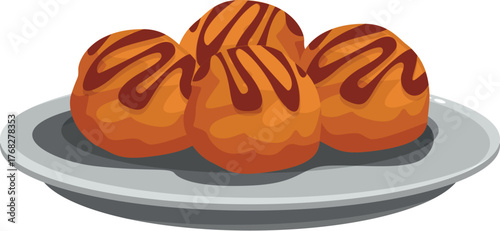 Four appetizing cream puffs, drizzled with chocolate, are served on a plate, ready to be enjoyed