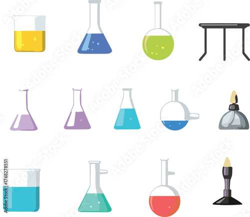 Colorful laboratory glassware and chemical equipment illustration with beakers, flasks, test tubes, burners, and scientific tools for education and research