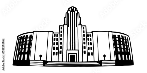Illustration of a government building with a central tower and symmetrical side wings design style