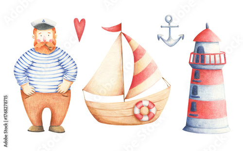 Hand drawn seaman boat lighthouse anchor clip art set isolated on transparent background. Cute marine drawings painted with colored pencils. Sailing illustrations clip art.