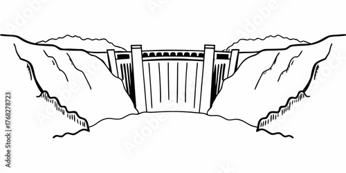 Illustration of a large dam structure between two mountains with a river flowing through it