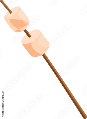 Two marshmallows are roasting on a wooden stick, ready for a campfire treat
