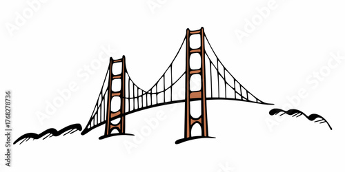 Illustration of a symmetrical suspension bridge with two towers and stylized water waves below it