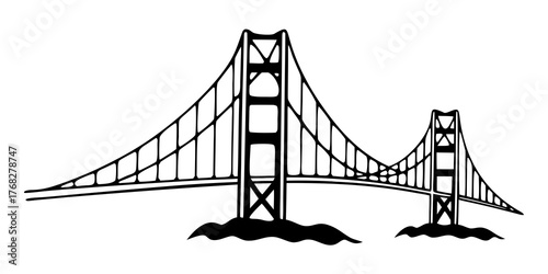 Illustration of a suspension bridge with two towers and connecting cables in black and white style