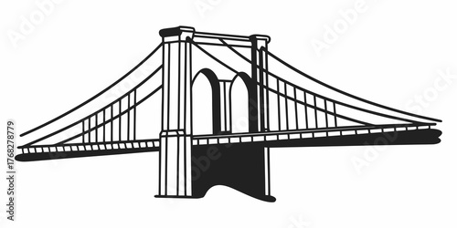 Illustration of a suspension bridge with prominent towers and cables in a monochrome style drawing