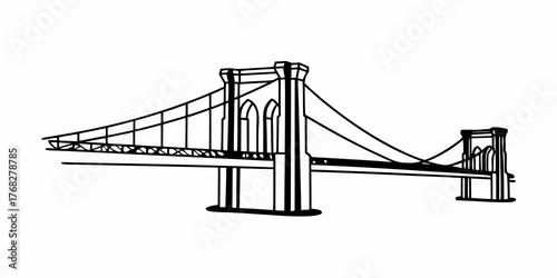 A simple line drawing of a suspension bridge with two towers and cables in black and white view showing
