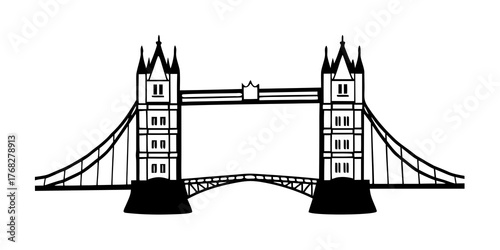 Illustration of the tower bridge with its two towers and suspension cables in a black and white design