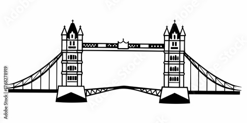 Illustration of the tower bridge in london with detailed architectural features in black and white color