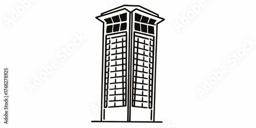 Illustration of a stylized building with a unique top and rectangular windows spanning its height