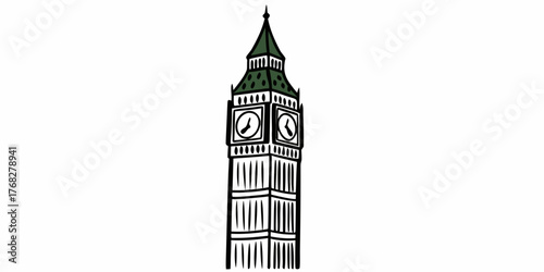 Illustration of big ben clock tower with green roof and black outlines against a white background