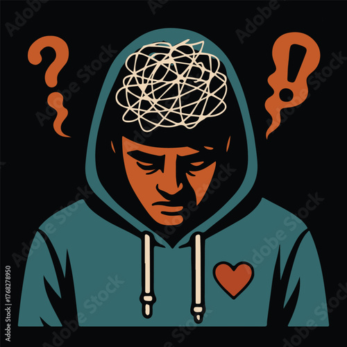 Men’s Mental Health Hoodie Figure With Chaotic Scribble Mind in Urban Street Art Vector Style