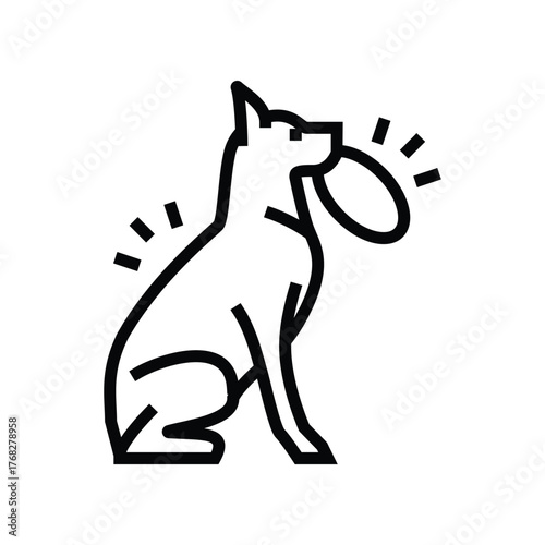 A line drawing of a dog in a sitting position holding a frisbee