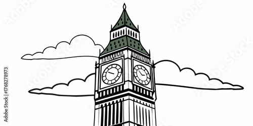 Illustration of big ben clock tower with clouds in the background showcasing architectural detail and time