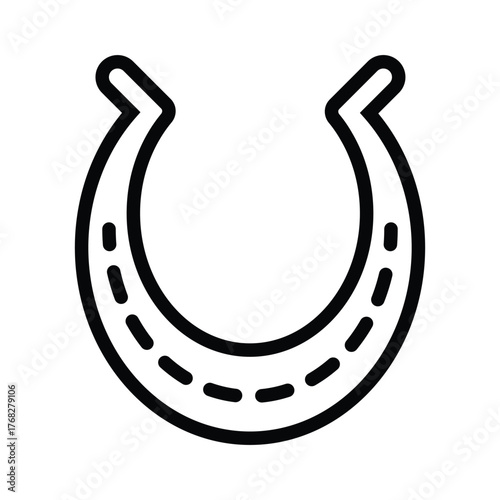 A line drawing of a horseshoe featuring a dashed pattern within the outline